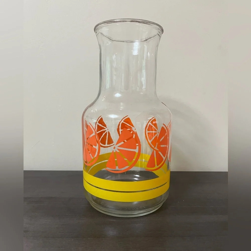 Vintage Libbey of Canada Juice Carafe Pitcher Orange Slices Yellow Design Glass